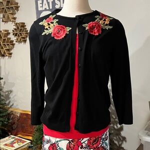 August Silk Black Sweater with Red Floral Embroidery